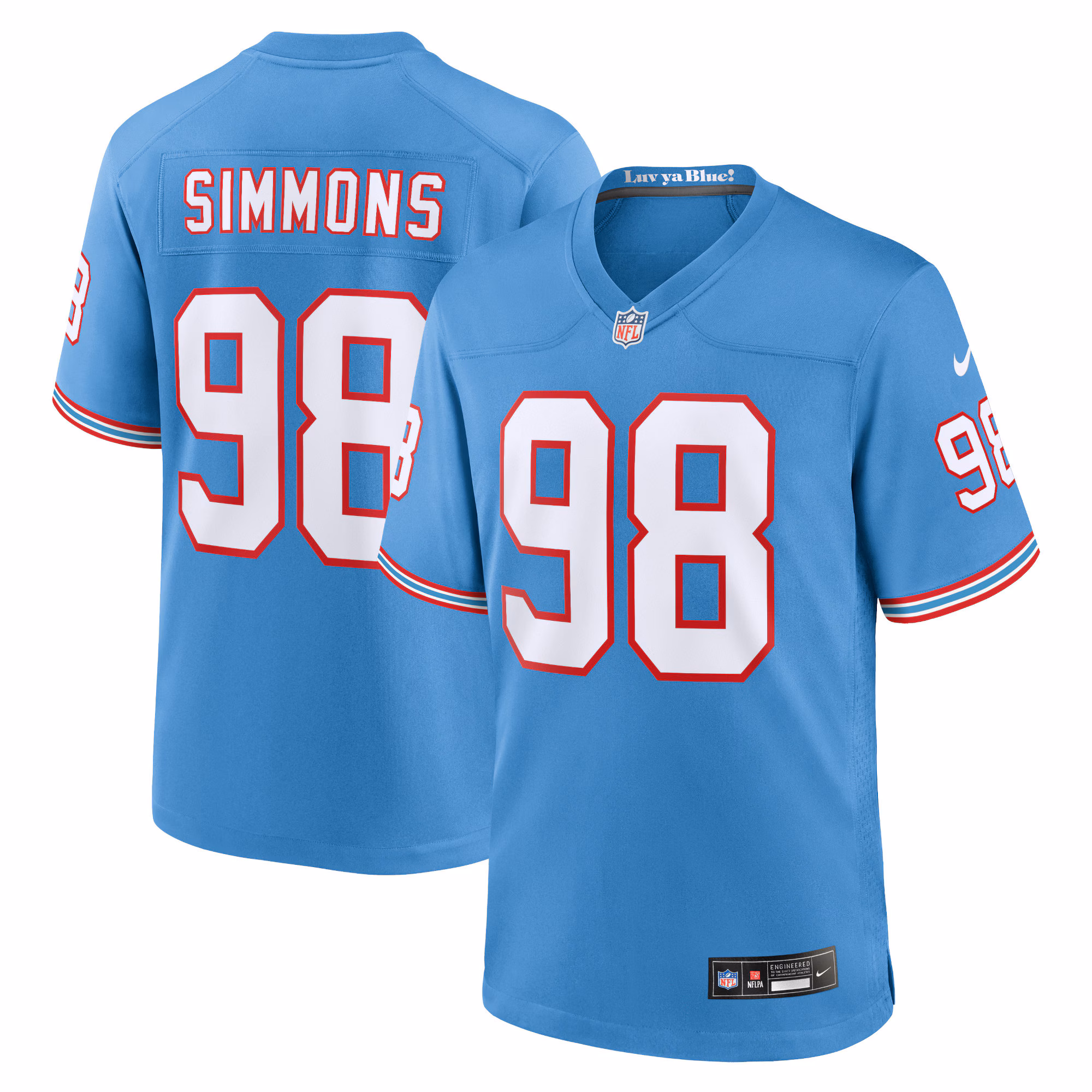 Jeffery Simmons Tennessee Titans Oilers Throwback Alternate Game Player Jersey - Light Blue