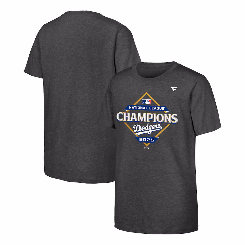 Los Angeles Dodgers Fanatics Youth 2025 National League Champions Locker Room T-Shirt - Heather Charcoal
