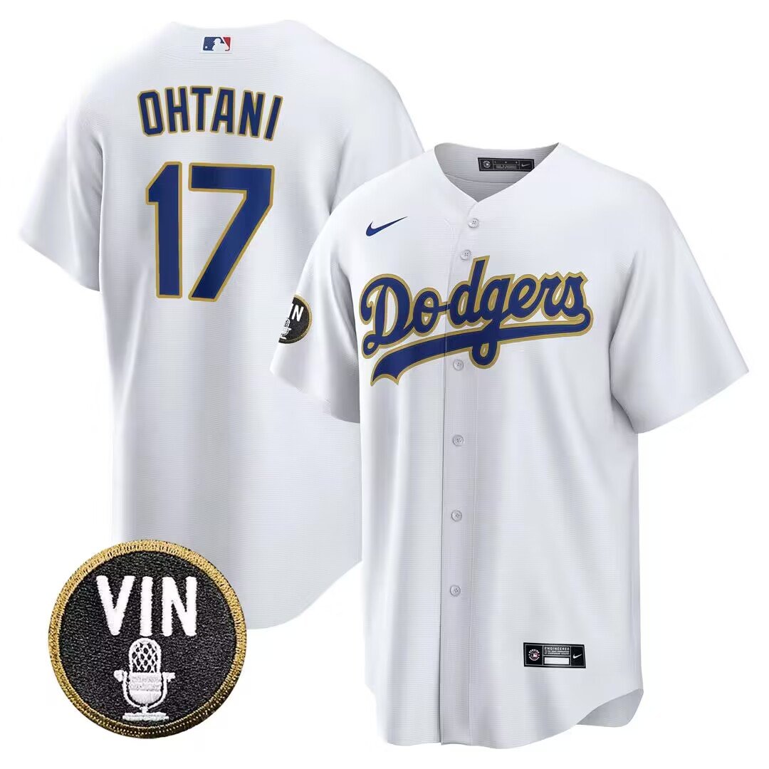 Men's Los Angeles Dodgers #17 Shohei Ohtani Cool Base  Gold Trim White Jersey