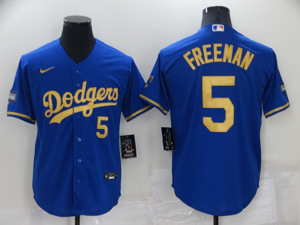 Men's  Los Angeles Dodgers #5 Freddie Freeman Blue With Gold Stitched MLB Cool Base Jersey