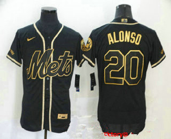 Men's New York Mets #20 Pete Alonso Black With Gold Stitched MLB Flex Base  Jersey