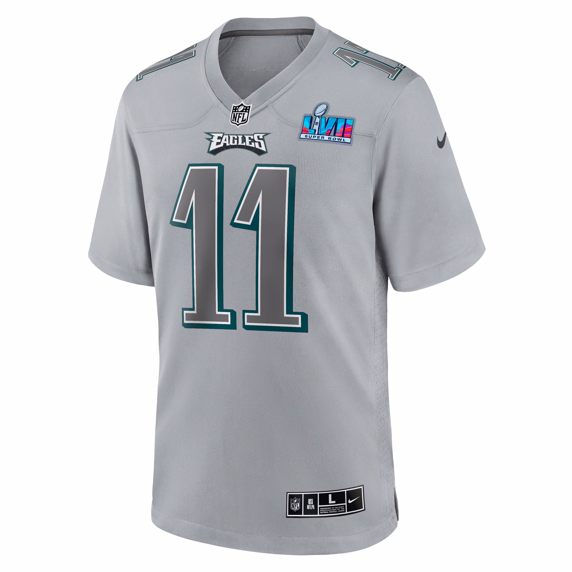 A.J. Brown Philadelphia Eagles #11 Super Bowl LVII Patch Atmosphere Fashion Game Jersey - Gray