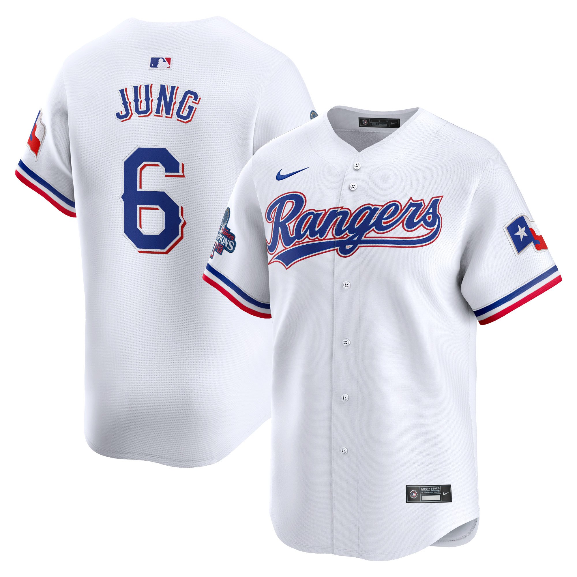 Men's Texas Rangers #6 Josh Jung  White Home 2023 World Series Champions Limited Jersey