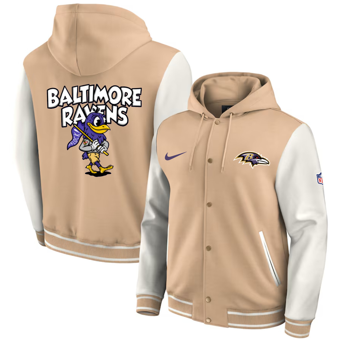 Men's Baltimore Ravens by Fanatics Baseball Full-Snap Tri-Blend Hoodie Jacket - Tan