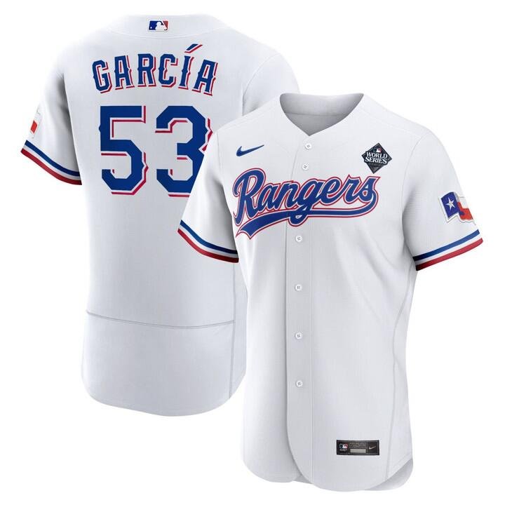Men's #53 Adolis Garcia Texas Rangers  Home 2023 World Series Champions Limited White Flex Base Jersey