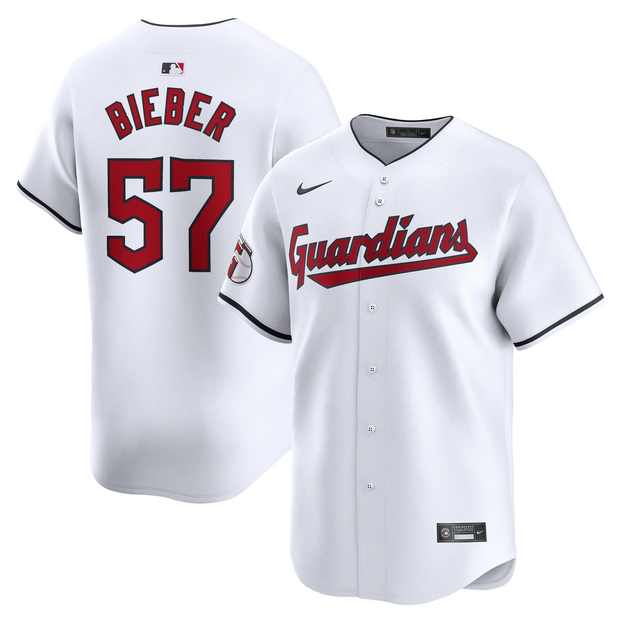 Men's Cleveland Guardians #57 Shane Bieber  White Home Limited Player Jersey