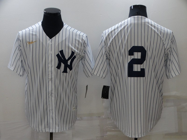 Men's  New York Yankees #2 Derek Jeter White Strip Throwback Cool Base MLB Stitched Jersey