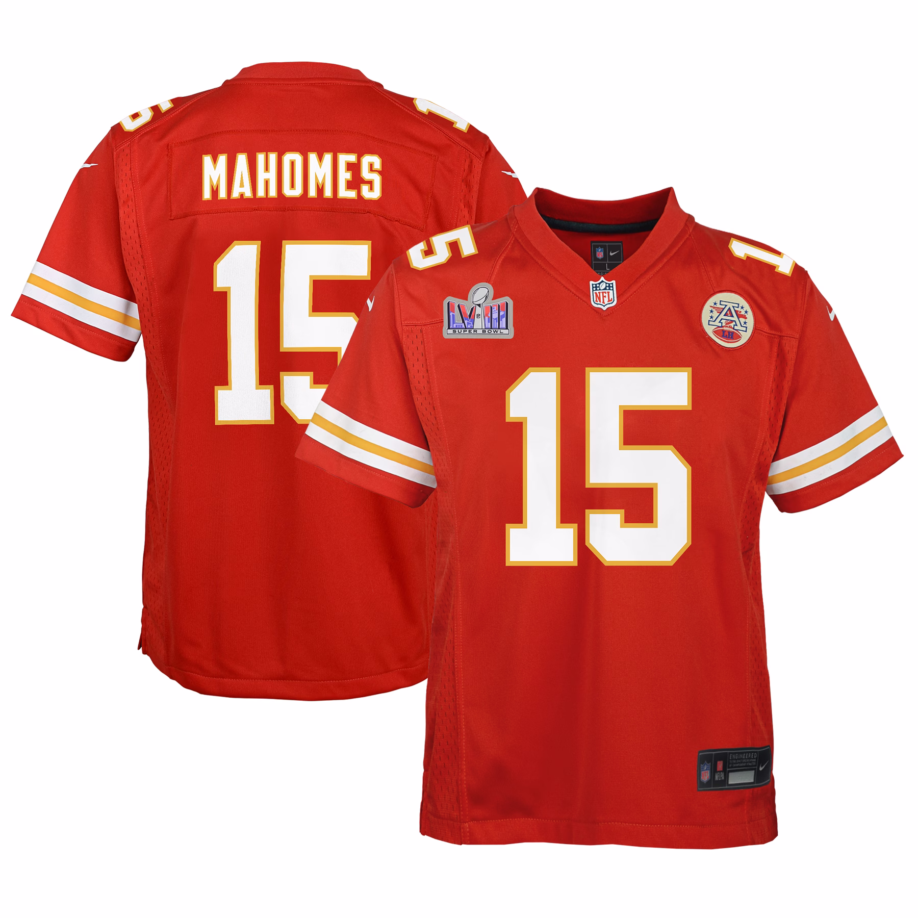 Patrick Mahomes Kansas City Chiefs  Youth 2023 Super Bowl LVIII Patch Game Jersey - Red