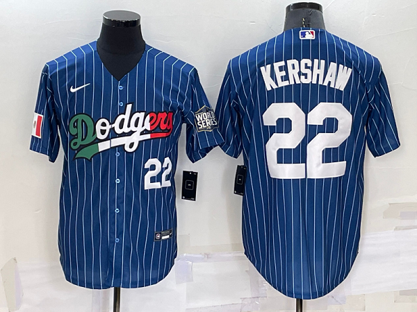 Men's  Los Angeles Dodgers #22 Clayton Kershaw Blue Mexico World Series Throwback Stitched Cool Base Jersey