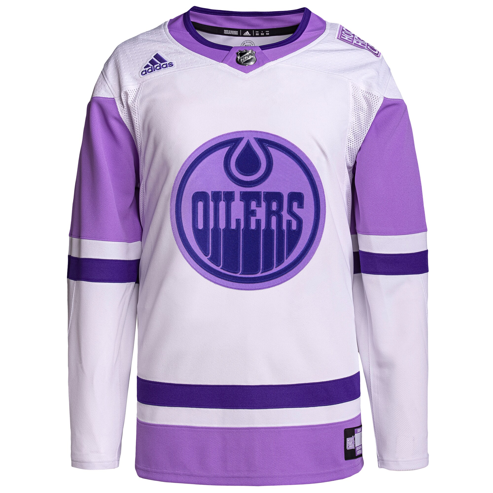 Edmonton Oilers  Hockey Fights Cancer Primegreen Authentic Blank Practice Jersey - White/Purple