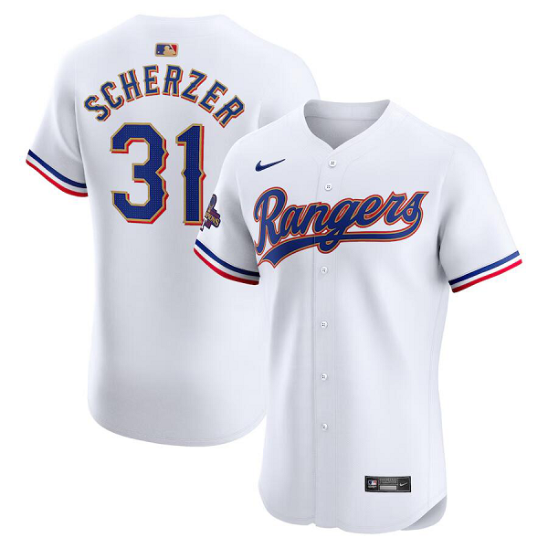 Men's Texas Rangers #31 Max Scherzer  White 2024 Gold Collection Elite Player Jersey