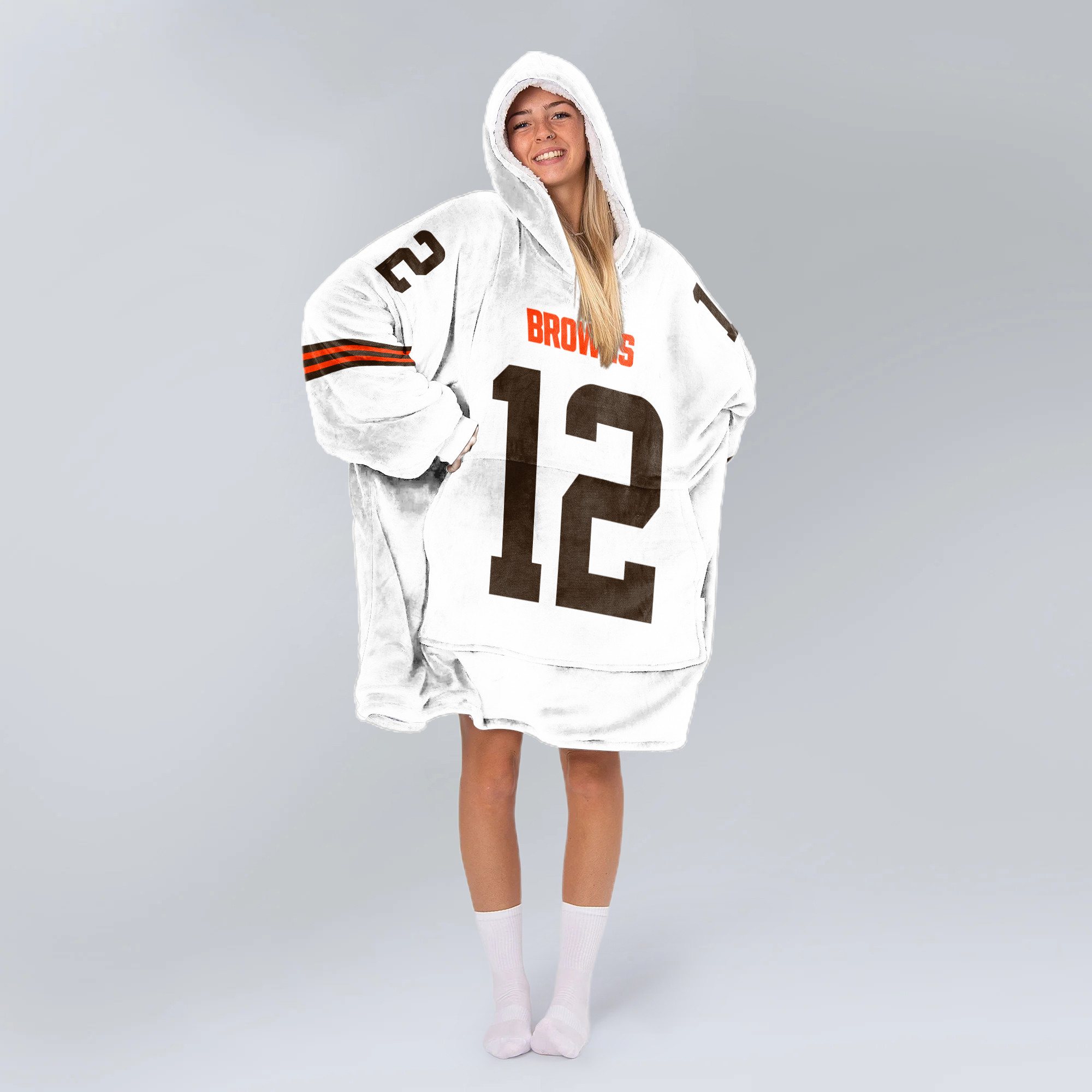 Adult S.S 12 Cleveland Football White Unisex Blanket Hoodie