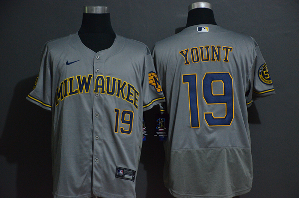 Men's Milwaukee Brewers #19 Robin Yount Grey Stitched MLB Flex Base  Jersey