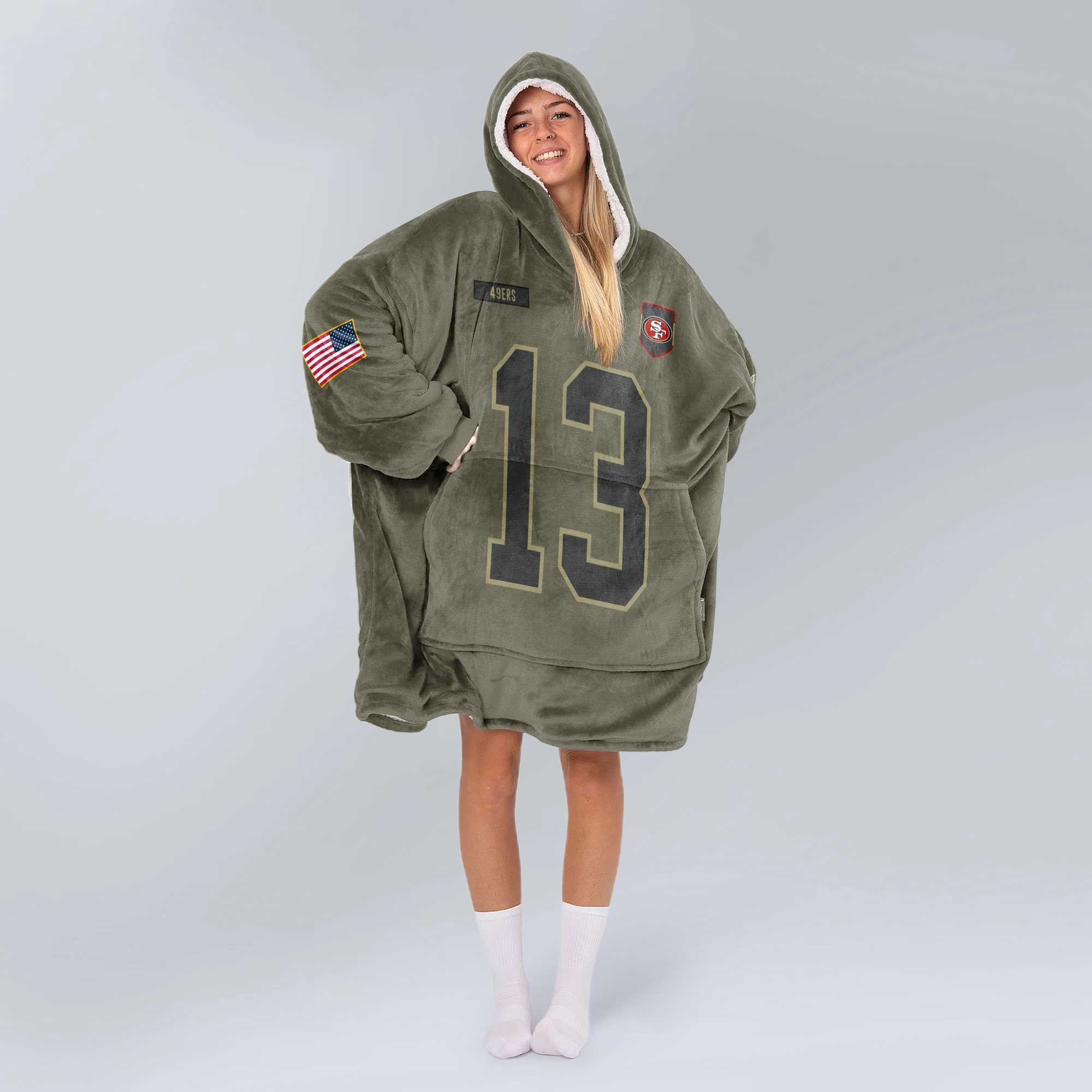 Adult B.P 13 San Francisco 49ers Football Blanket Hoodie – Olive Salute to Service