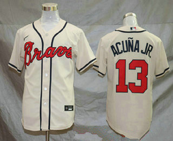 Men's Atlanta Braves #13 Ronald Acuna Jr. Cream Stitched MLB Cool Base  Jersey