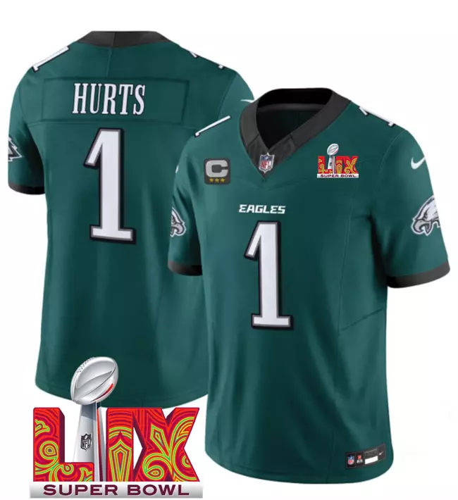 Men's #1 Jalen Hurts 2025 Green Super Bowl LIX Patch With 3-Star C Patch Jersey