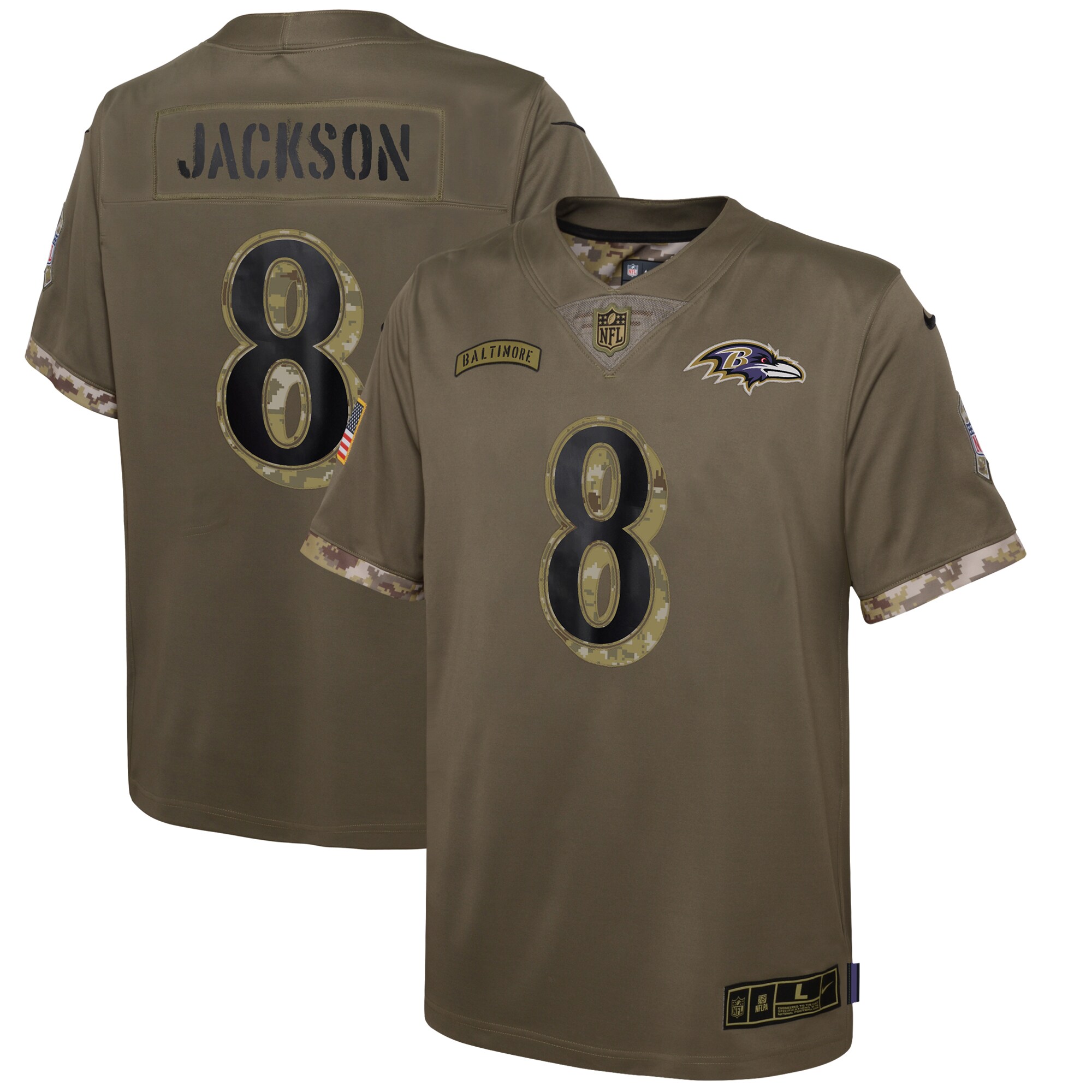Lamar Jackson Baltimore Ravens  Youth 2022 Salute To Service Player Limited Jersey - Olive