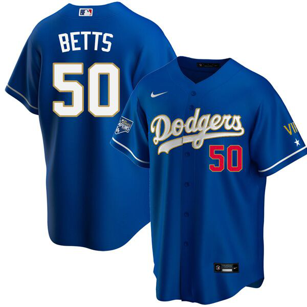 Men's  Los Angeles Dodgers #50 Mookie Betts Blue VII Gold Series MLB Cool Base Jersey