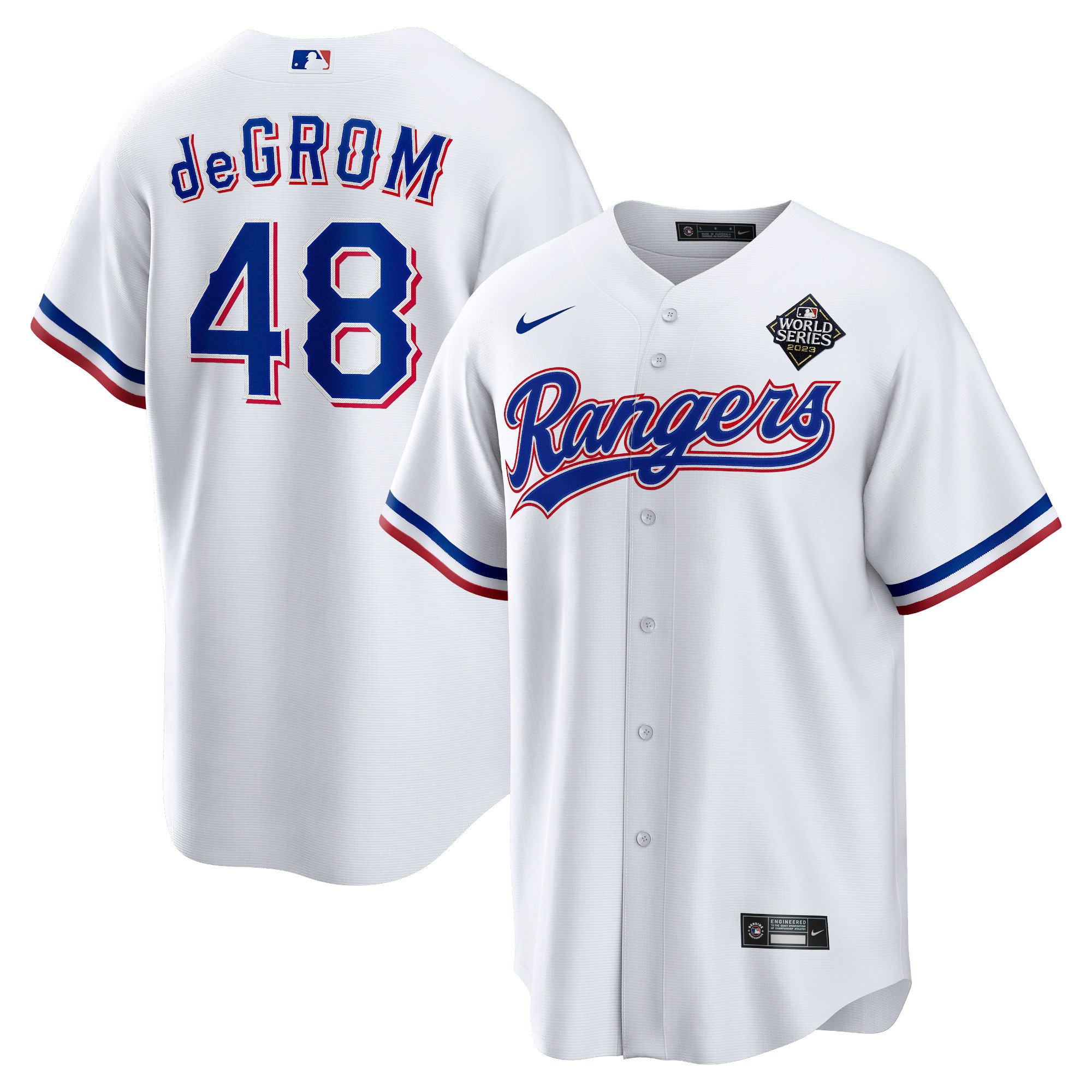 Men's Texas Rangers #48 Jacob deGrom  White 2023 World Series Replica Player Jersey