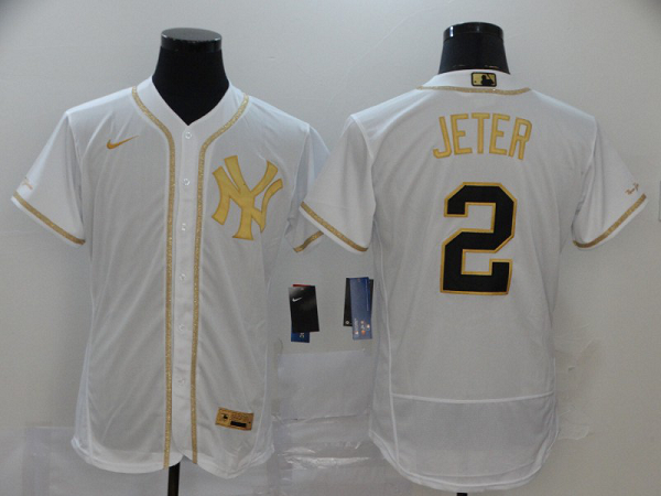 Men's New York Yankees #2 Derek Jeter White Golden Stitched MLB Flex Base  Jersey