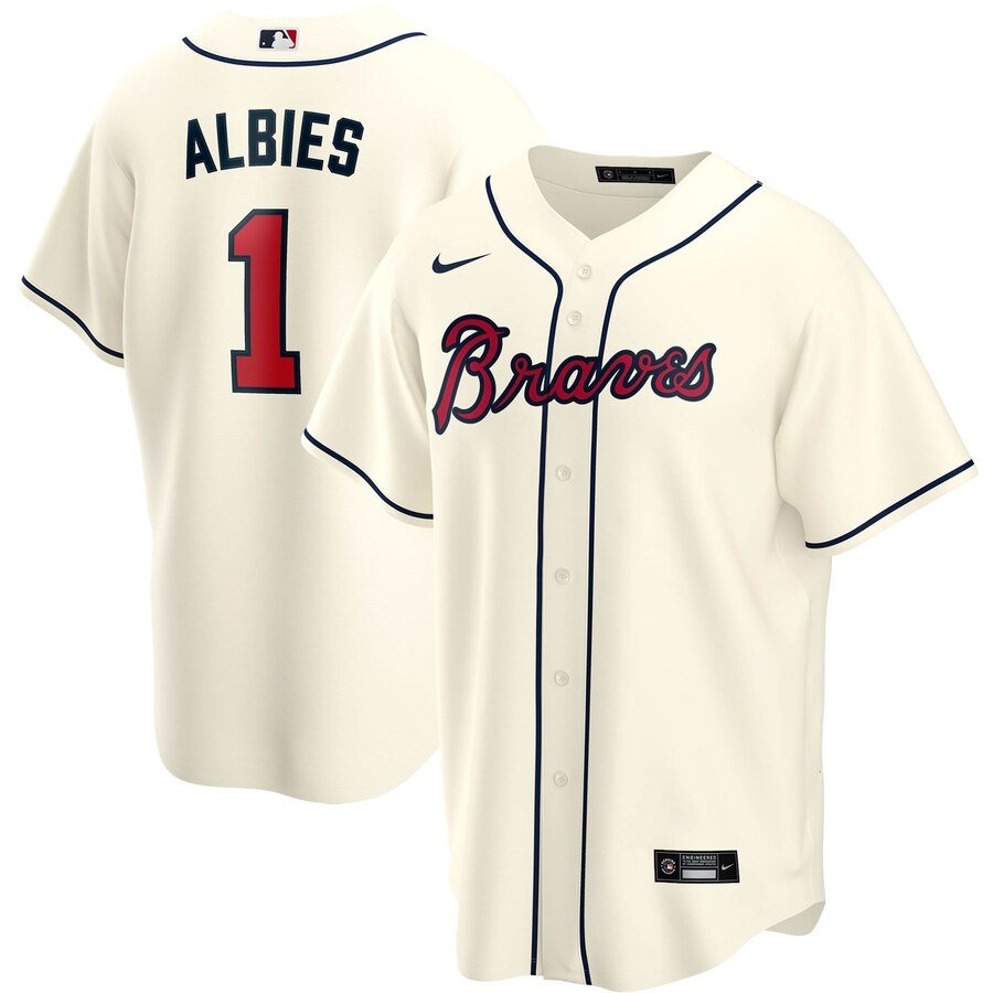 Men's  Atlanta Braves #1 Ozzie Albies Cream Alternate 2020 MLB Jersey