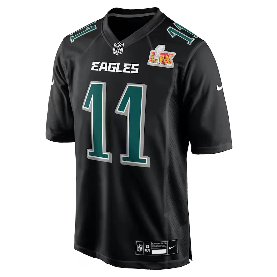 Men’s #11 A.J. Brown Carbon Black Super Bowl LIX Fashion Game Player Sewn Jersey