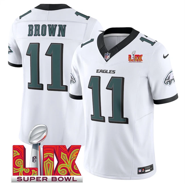 Men's #11 A.J. Brown White 2025 Super Bowl LIX Patch Limited Stitched Jersey