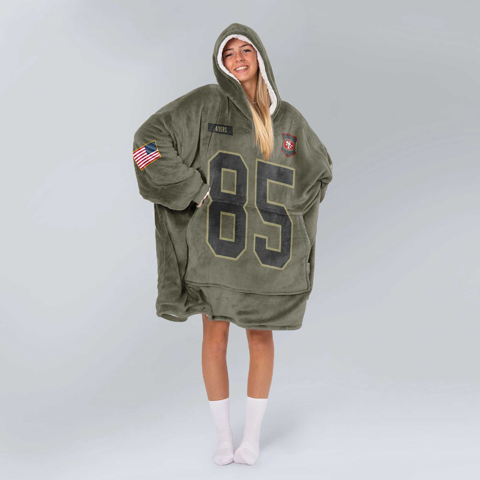 Adult G.K 85 San Francisco 49ers Football Blanket Hoodie – Olive Salute to Service