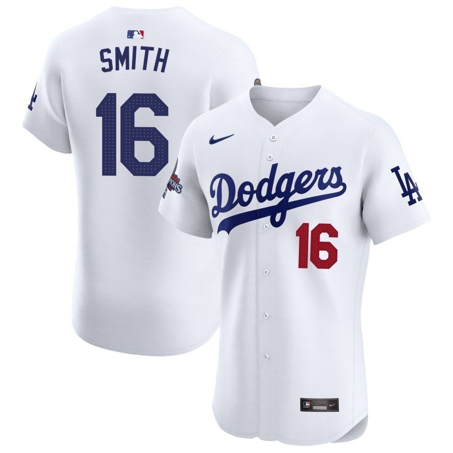 Men's Los Angeles Dodgers #16 Will Smith  White 2024 World Series Champions Home Elite Jersey