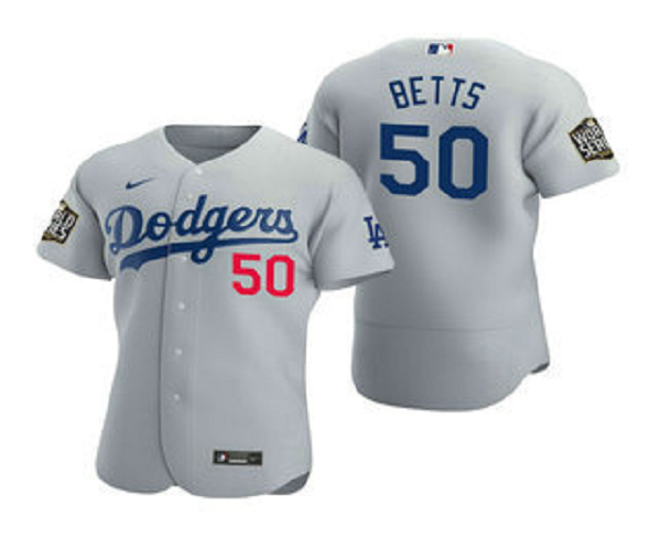 Men's Los Angeles Dodgers #50 Mookie Betts Gray 2020 World Series Flex Base  Jersey