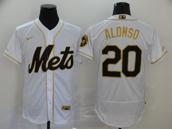 Men's New York Mets #20 Pete Alonso White With Gold Stitched MLB Flex Base  Jersey