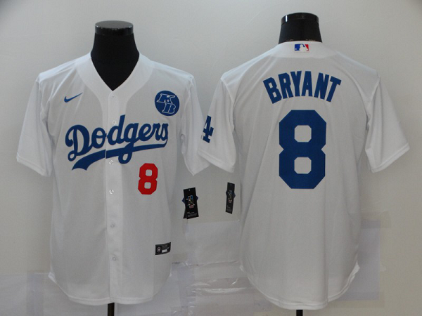 Men's Los Angeles Dodgers #8 Kobe Bryant White KB Patch Stitched MLB Cool Base  Jersey