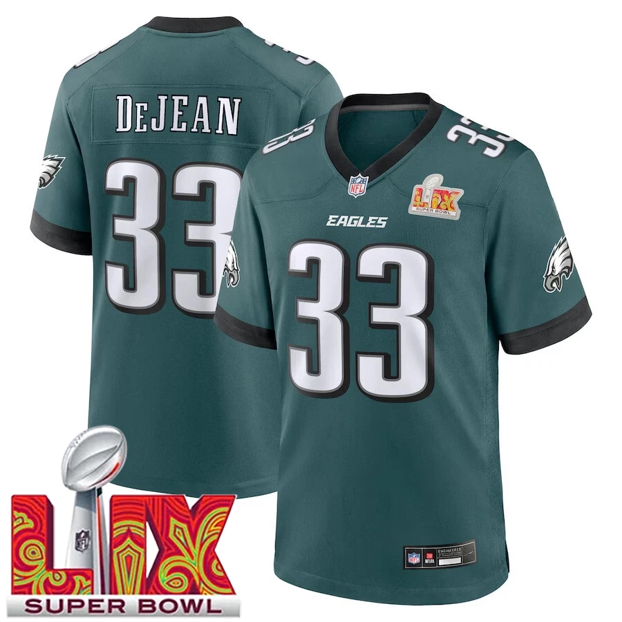 Men’s #33 Cooper DeJean Midnight Green Super Bowl LIX Game Player Sewn Jersey