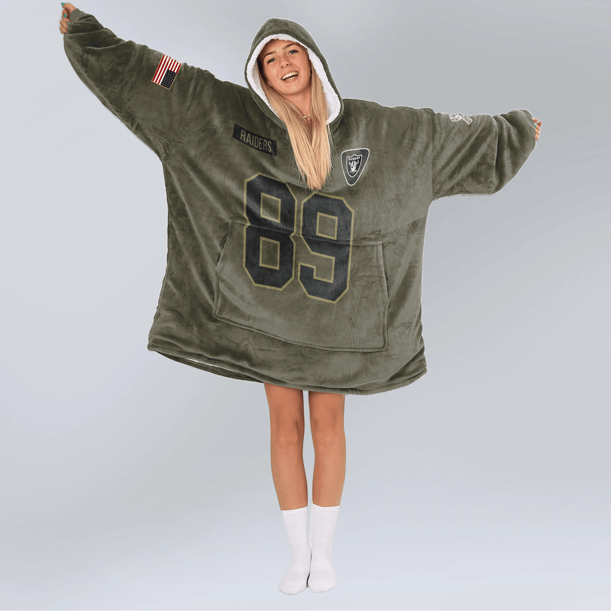 Adult B.B 89 Las Vegas Football Blanket Hoodie – Olive Salute to Service