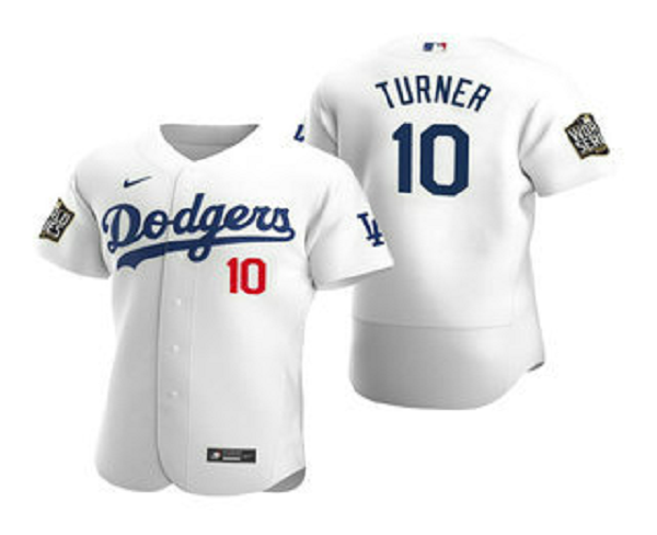 Men's Los Angeles Dodgers #10 Justin Turner White 2020 World Series Flex Base  Jersey