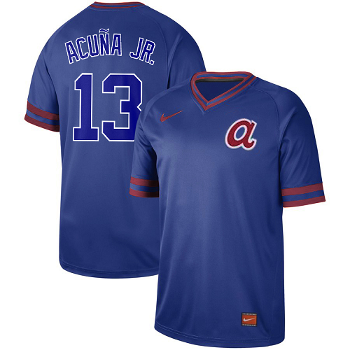 Men's  Atlanta Braves #13 Ronald Acuna Jr. Royals Royal Cooperstown Collection Legend V-Neck MLB Jersey