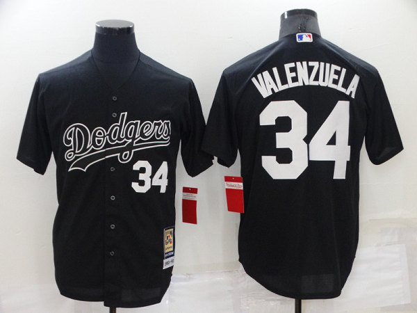 Men's  Los Angeles Dodgers #34 Fernando Valenzuela Black Throwback Stitched Cool Base MLB Jersey