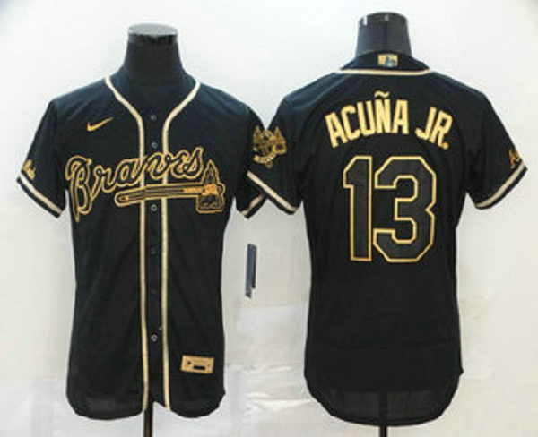 Men's Atlanta Braves #13 Ronald Acuna Jr. Black With Gold Stitched MLB Flex Base  Jersey