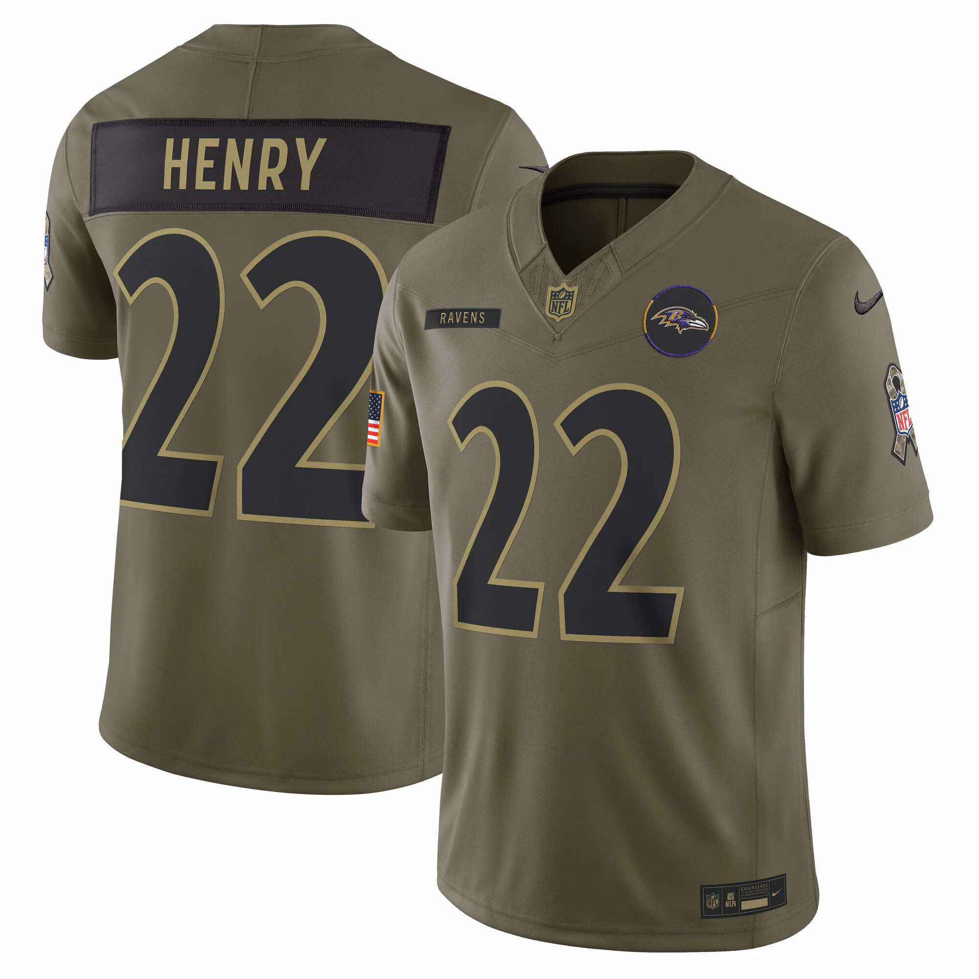 Men's Baltimore Ravens #22 Derrick Henry Olive 2025 Salute to Service Limited Jersey