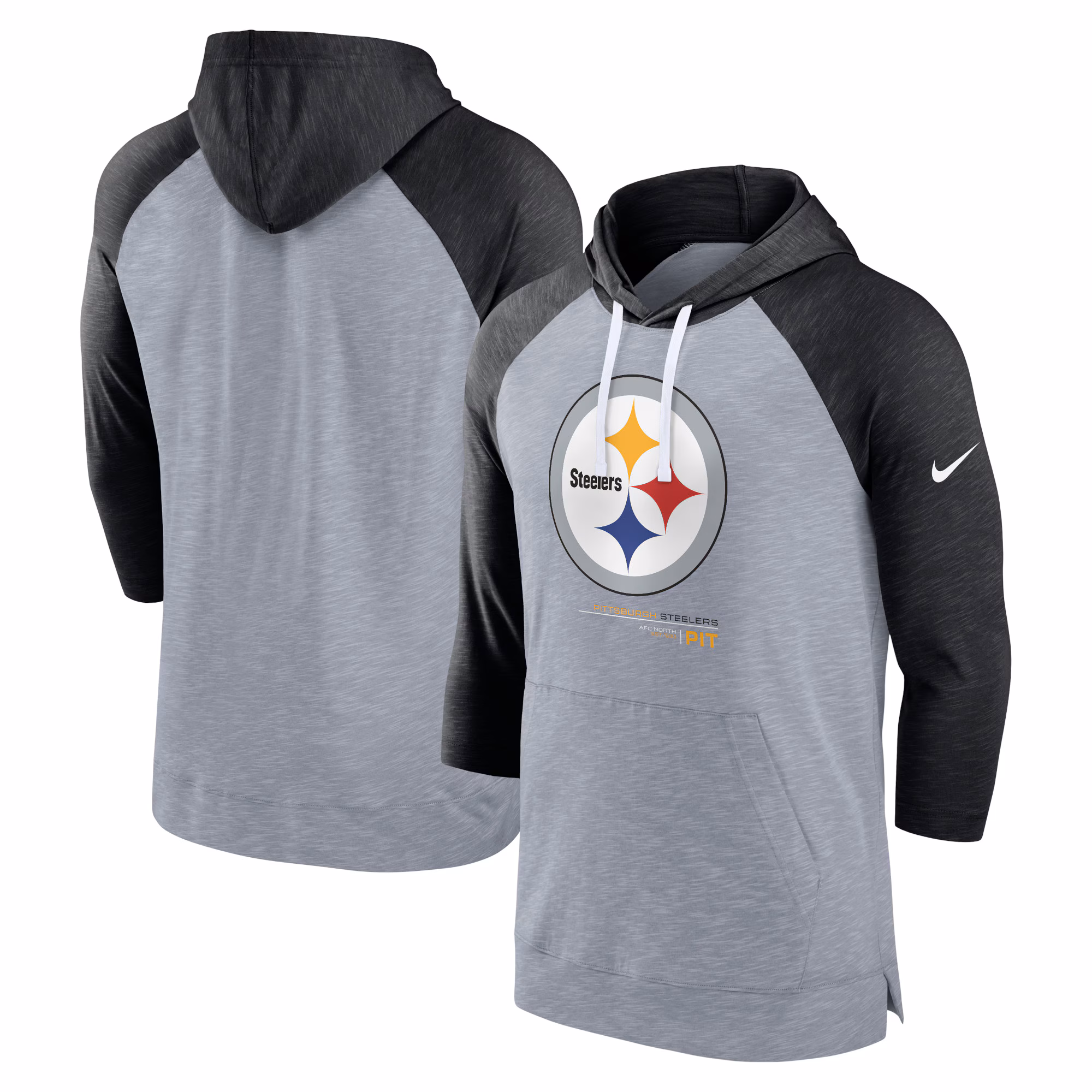 Pittsburgh Steelers Raglan 3/4-Sleeve Pullover Hoodie - Heather Gray/Heather Black
