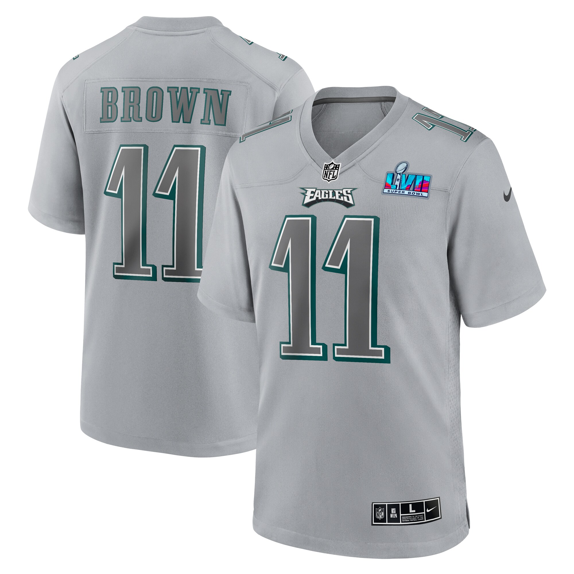 A.J. Brown Philadelphia Eagles #11 Super Bowl LVII Patch Atmosphere Fashion Game Jersey - Gray