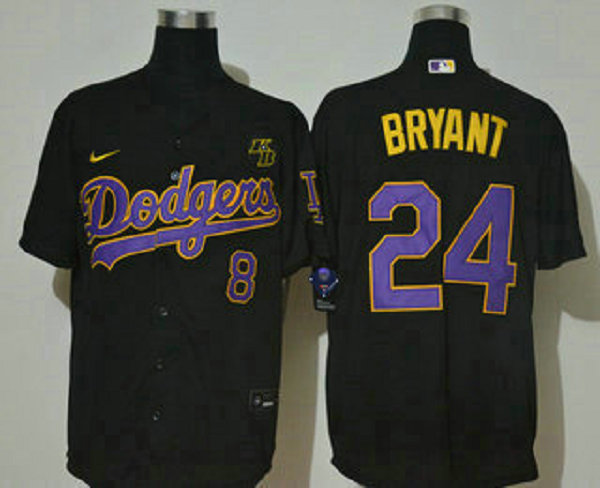 Men's Los Angeles Dodgers #24 Kobe Bryant Black With Purple Name KB Patch Stitched MLB Cool Base  Jersey