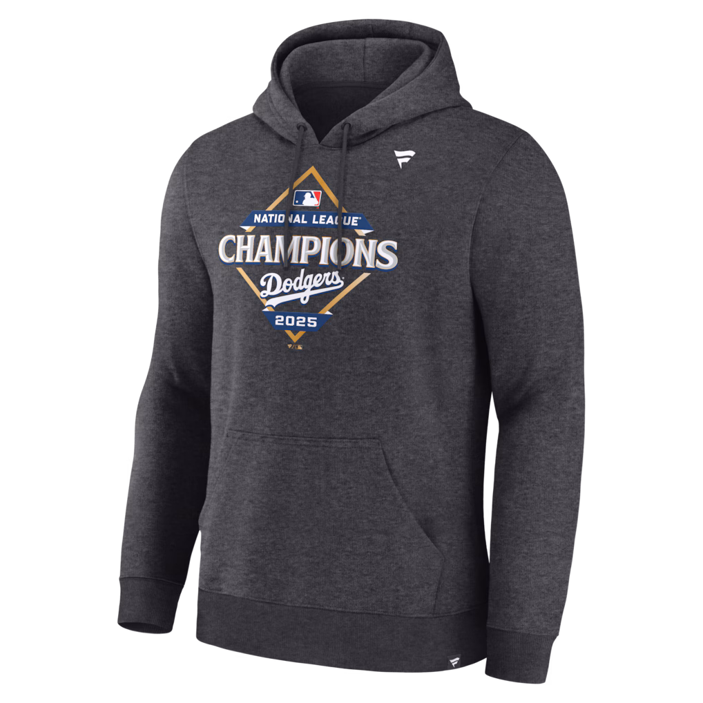 Los Angeles Dodgers Fanatics 2025 National League Champions Locker Room Fleece Hoodie - Heather Charcoal