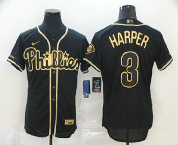 Men's Philadelphia Phillies #3 Bryce Harper Black Golden Stitched MLB Flex Base  Jersey
