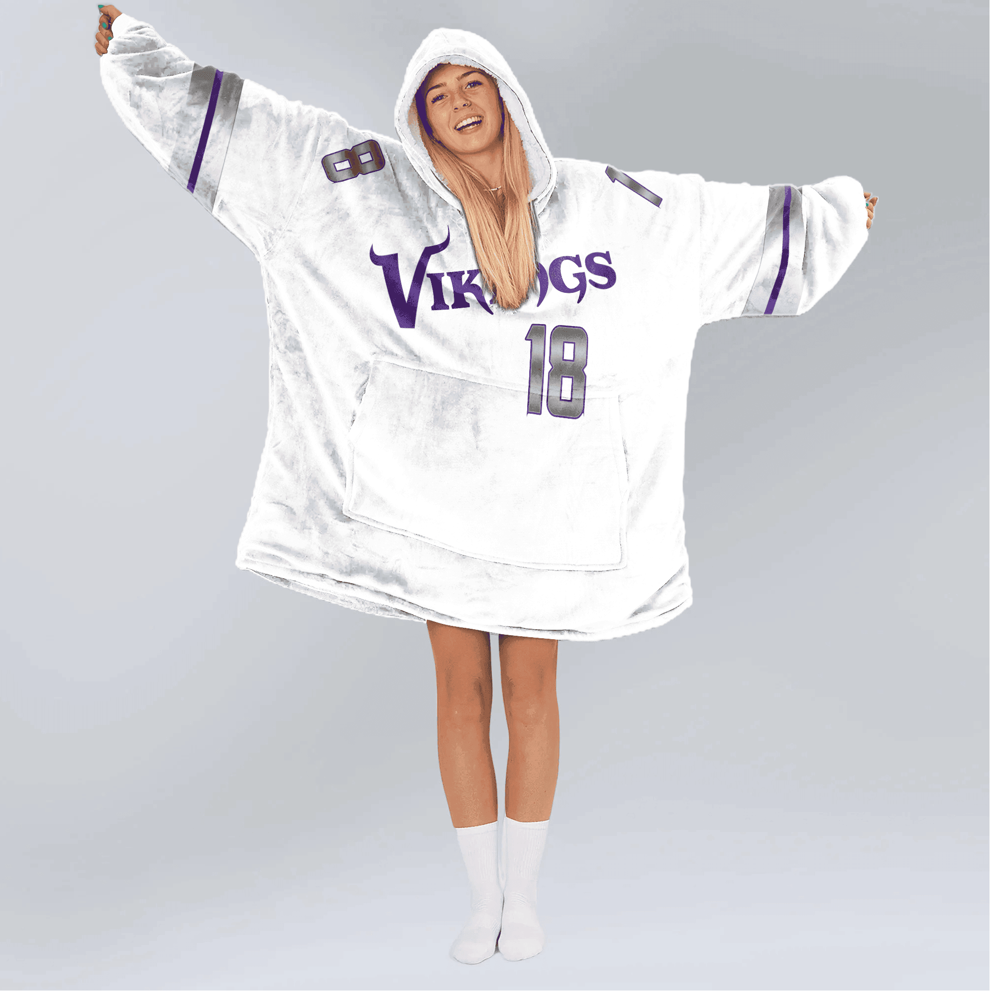 Adult White 18 Minnesota Football Unisex Blanket Hoodie