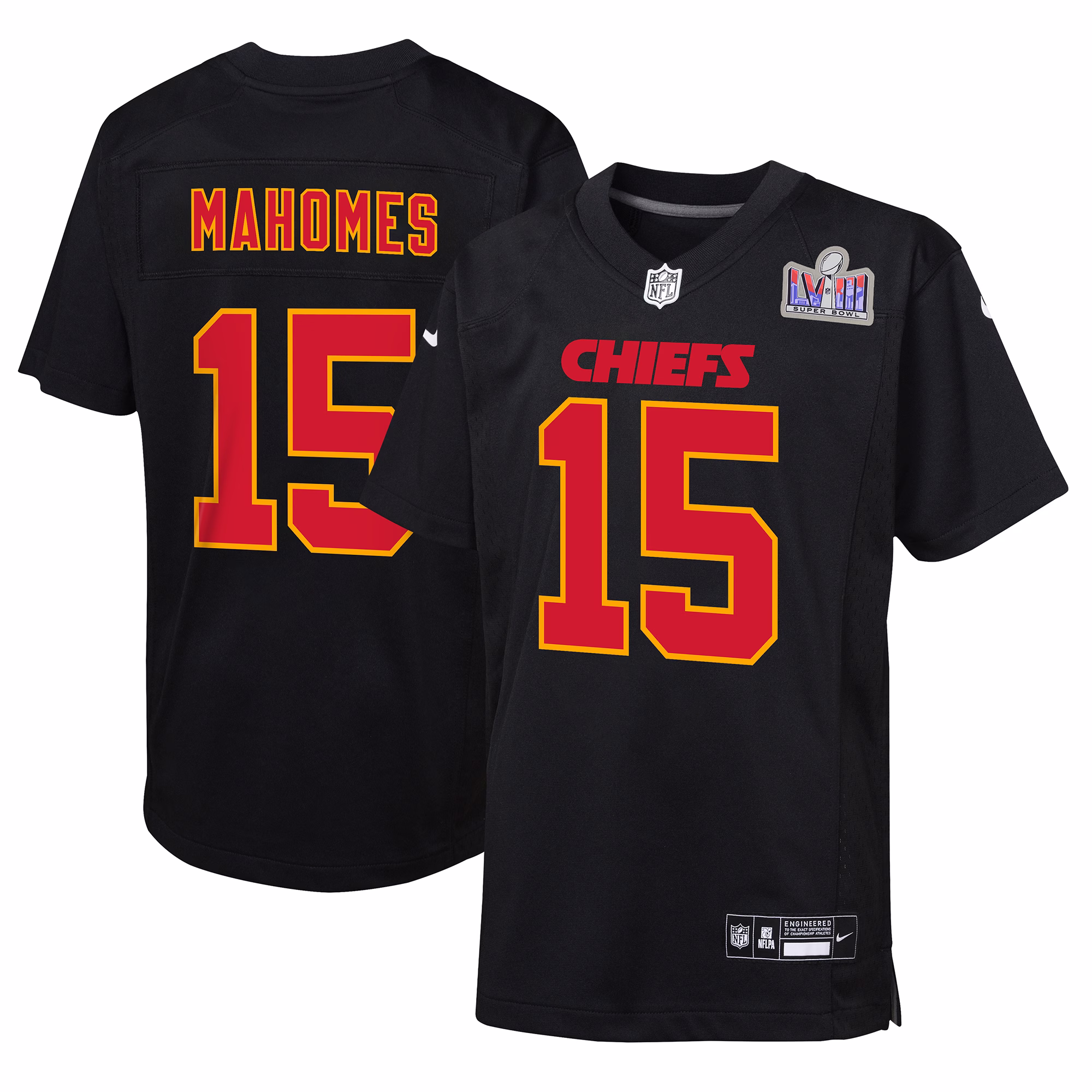 Patrick Mahomes Kansas City Chiefs  Youth 2023 Super Bowl LVIII Patch Carbon Fashion Game Jersey - Black
