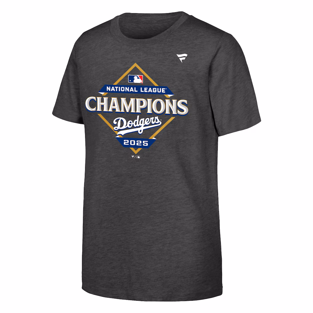 Los Angeles Dodgers Fanatics Youth 2025 National League Champions Locker Room T-Shirt - Heather Charcoal