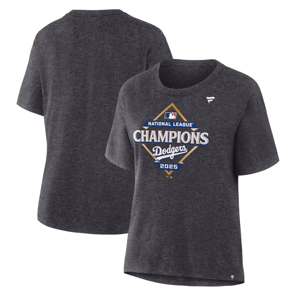 Los Angeles Dodgers Fanatics Women's 2025 National League Champions Locker Room T-Shirt - Heather Charcoal