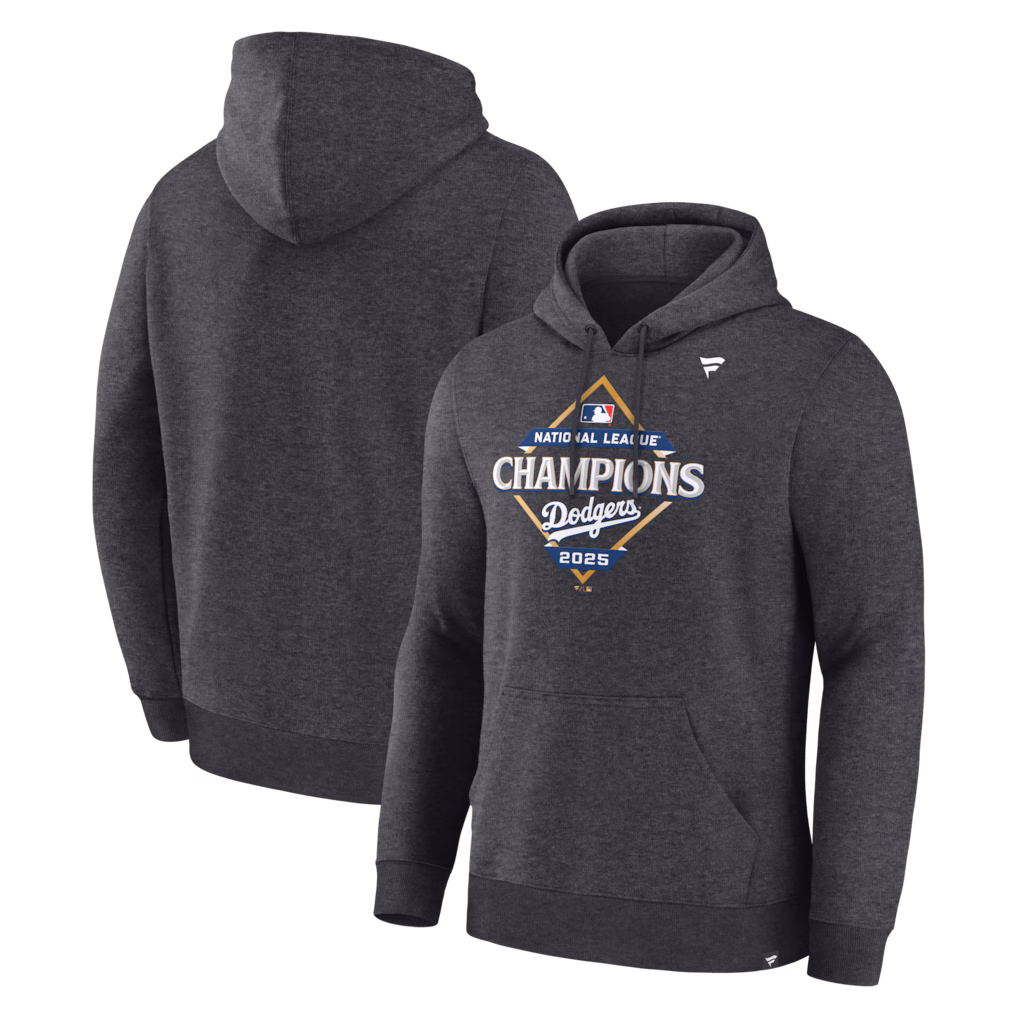 Los Angeles Dodgers Fanatics 2025 National League Champions Locker Room Fleece Hoodie - Heather Charcoal