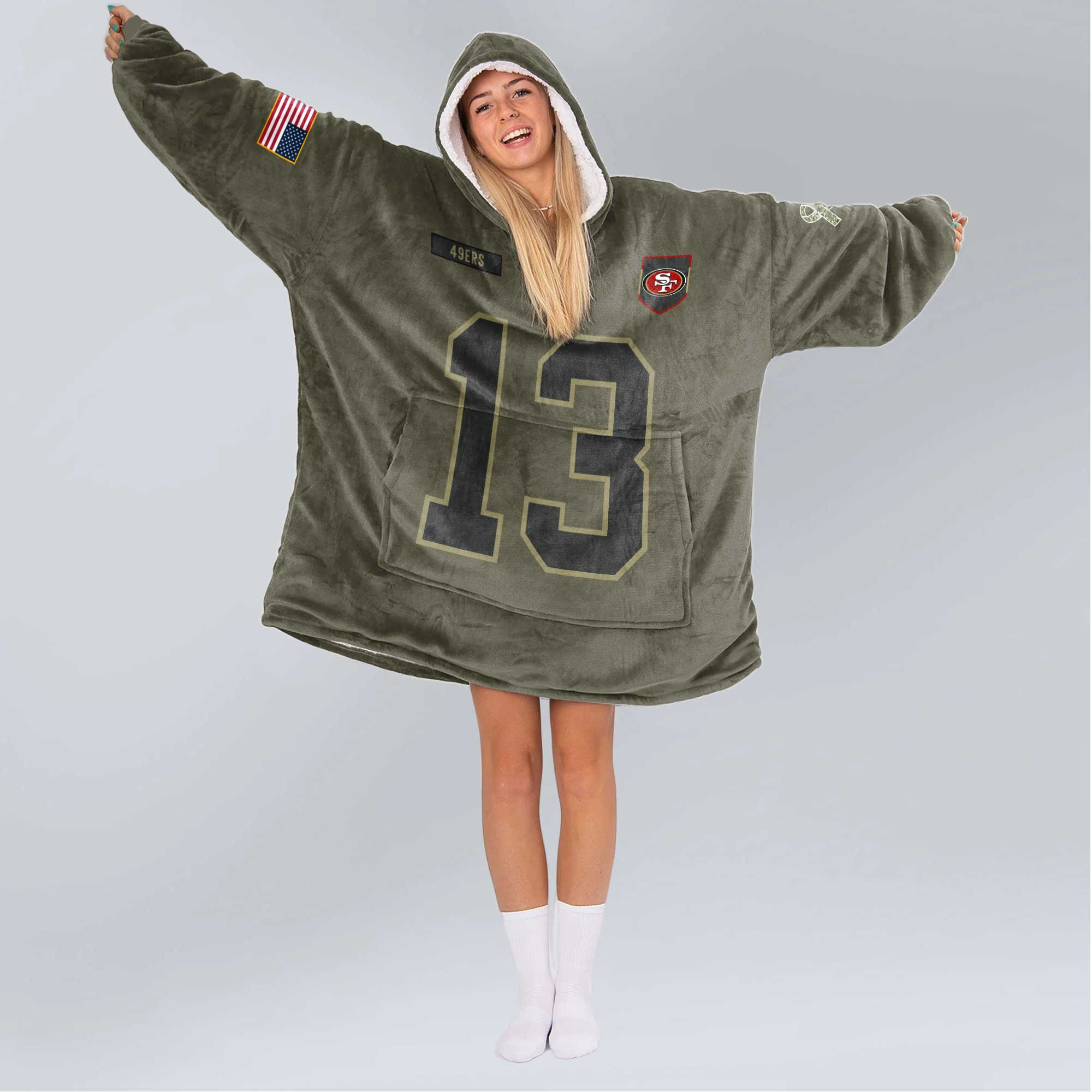 Adult B.P 13 San Francisco 49ers Football Blanket Hoodie – Olive Salute to Service